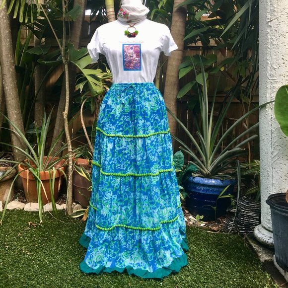 Beautiful Hippie Skirt Floral Peasant Maxi w/ pompoms! - Picture 3 of 6